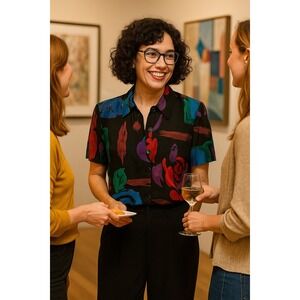 Vintage 80s WearableArt Colorful 16Petite Retro Abstract Floral Black Blouse NWT